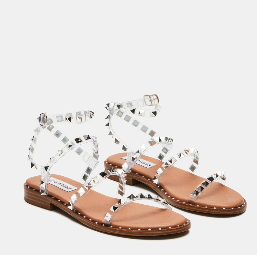 Steve Madden Clear Strap Silver Studded Metal Detail Minimal Fairway Sandal Sz 8